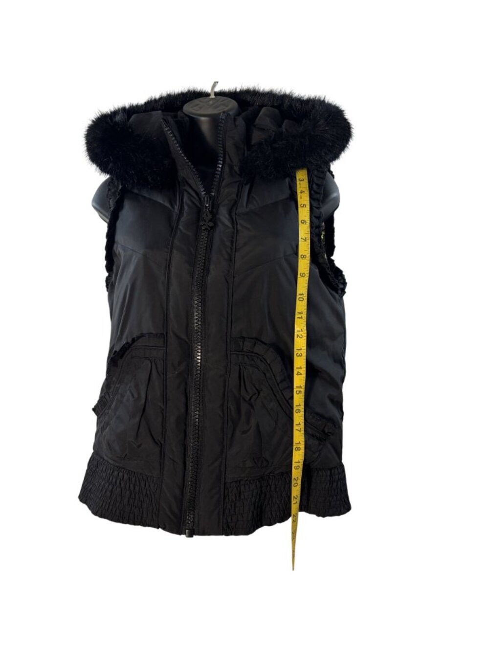 Betsey Johnson Black Hooded Vest W/ Faux Fur Trim & Floral Lining Size S - Picture 7 of 11